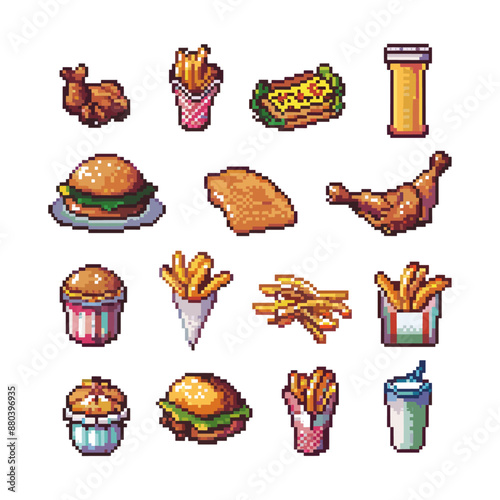 Pixel art fast food icons set, including burger, fries, chicken, soda, and more.