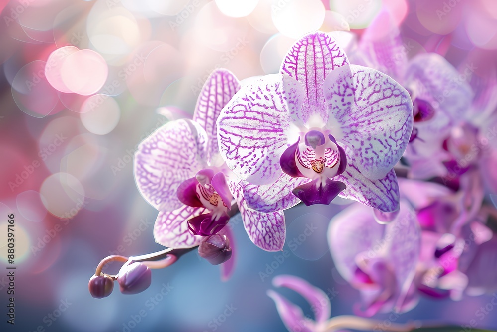 Beautiful pink and white orchid flowers with purple stripes, close-up, bokeh background, macro photography. High resolution photo of an exotic flower in full bloom. Perfect for floral design, postcard Beautiful pink and white orchid flowers with purple stripes, close-up, bokeh background, macro photography. High resolution photo of an exotic flower in full bloom. Perfect for floral design, postcard