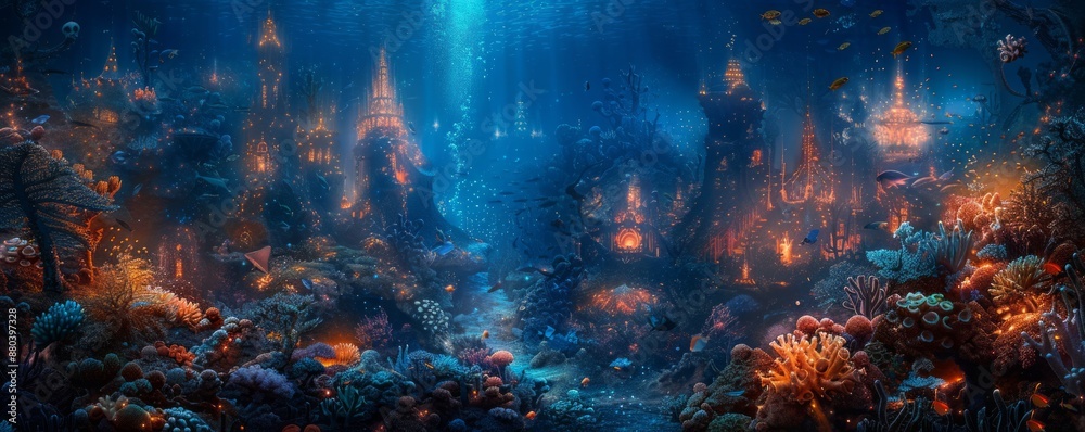 A surreal underwater city built of coral and bioluminescent creatures, its inhabitants swimming through the glowing streets.