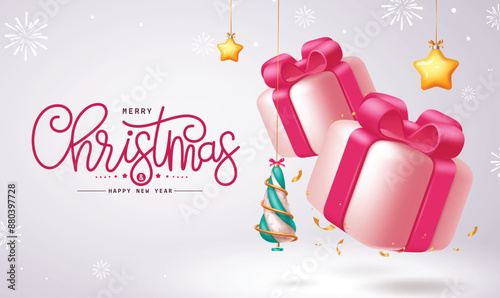 Christmas greetings vector design. Merry christmas in pink gift boxes, hanging xmas tree and stars ornaments in snowflakes background. Vector illustration holiday season card design. 
