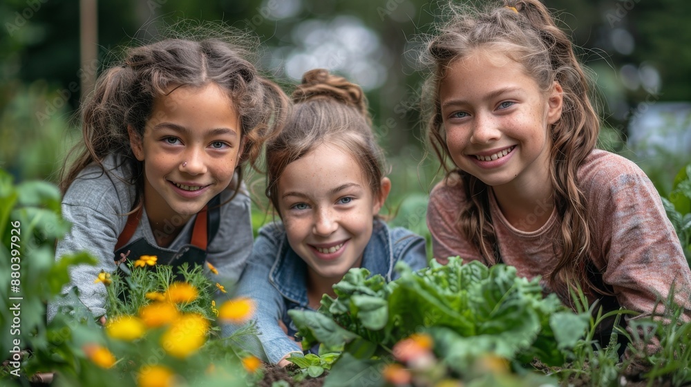 Three Girls Smiling in a Garden.