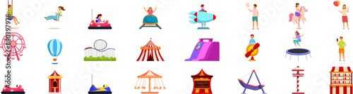 Kids amusement park icons set. People enjoying themselves on amusement park attractions, riding roller coasters and having fun