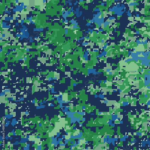 Abstract Blue and Green Pixelated Camouflage Pattern Background