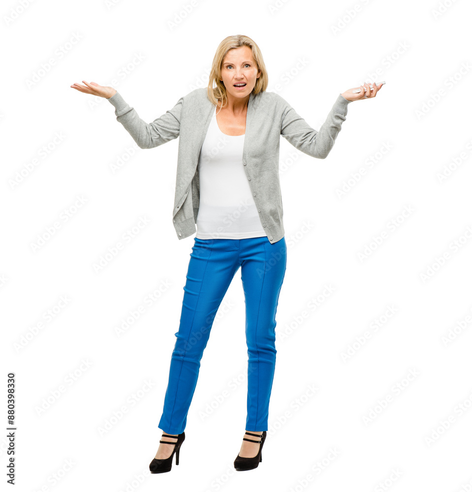 Doubt, confused and portrait of woman in studio for unsure, uncertainty and question emoji. Thinking, shrug and isolated person with hand gesture for option, choice and decision on white background Doubt, confused and portrait of woman in studio for unsure, uncertainty and question emoji. Thinking, shrug and isolated person with hand gesture for option, choice and decision on white background