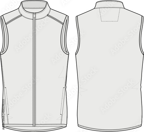 Outdoor vest mid-layer polar fleece technical CAD fashion illustration front and back views