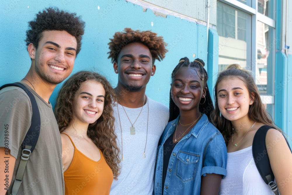 College students of different races stand together on a blue wall - a photo of interracial teens in front of a university building