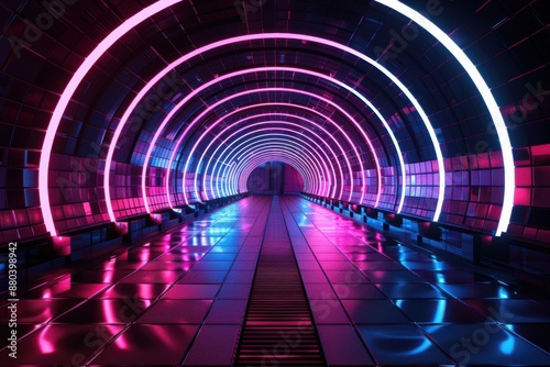 Futuristic Neon Tunnel with Glowing Lights. A Cyberpunk or Metaverse Concept