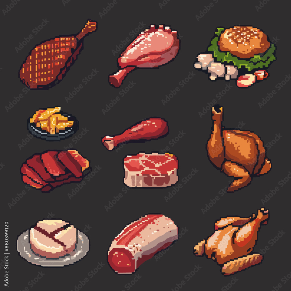 Pixel Art Food Icons Set. Meat, Chicken, Burgers, Potatoes Stock Vector ...