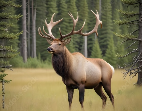 A large male elk with impressive antlers standing in a grassy field with a forested background