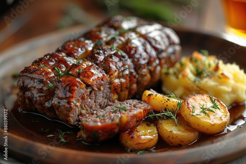 A serving of haggis, neeps, and tatties, with the haggis sliced open and served alongside mashed turnips and potatoes.  photo