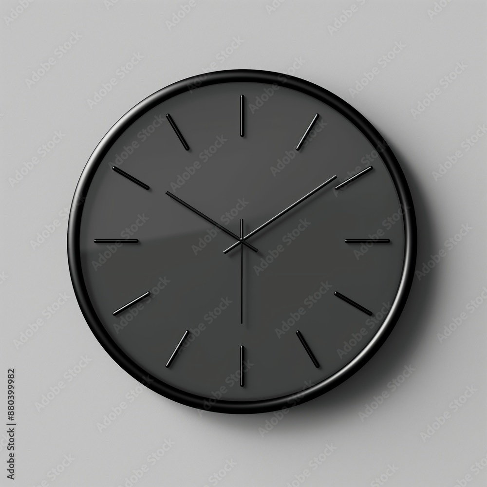 3D render of a black minimalistic modern clock on a grey background, showcasing simple and sleek design elements. 3D render of a black minimalistic modern clock on a grey background, showcasing simple and sleek design elements.