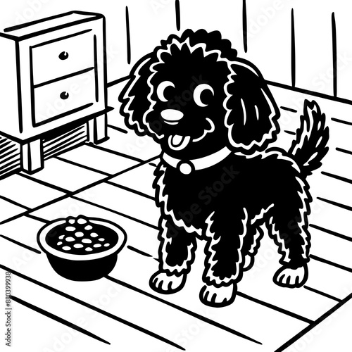 happy poodle on the parquet with a food bowl for T-shirt design 