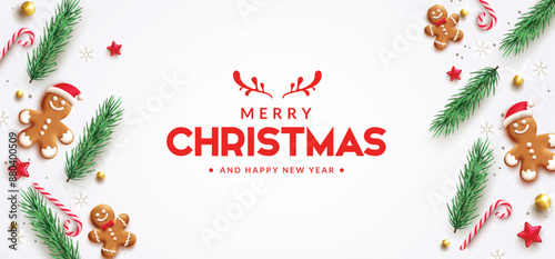 Merry christmas greetings vector banner design. Christmas greeting text with 3d realistic elements like pine tree leaves, xmas balls, ginger bread, candy cane and snowflakes in elegant background. 