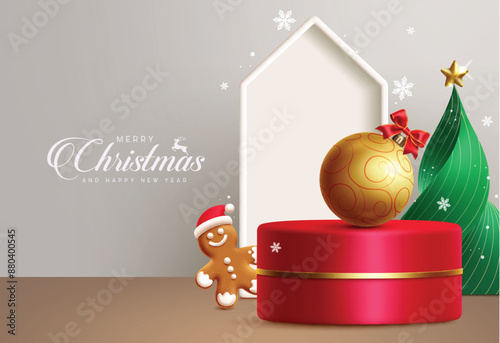 Christmas podium vector design. Merry christmas greeting text with podium stage, xmas ball, ginger bread and twisted pine tree elements in snow winter background for product advertisement. Vector 