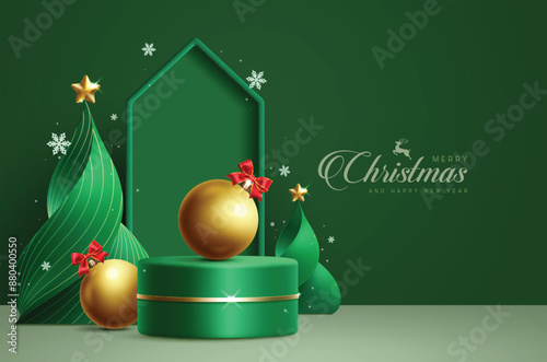 Christmas green podium vector design. Merry christmas greeting text in simple dais background with gold xmas balls and twisted pine tree elements for product display. Vector illustration template 