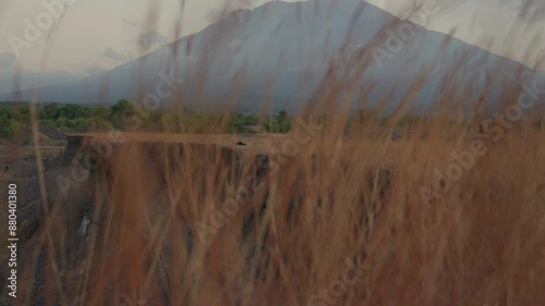 Reveal shot Mount Agung active volcano behind hay at Savana Tianyar Bali photo