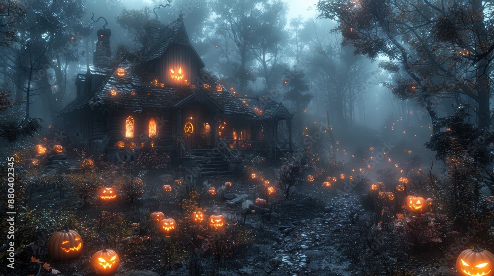 Haunted house with glowing jack-o'-lanterns along a foggy path in a spooky forest, creating an eerie Halloween atmosphere. Haunted house with glowing jack-o'-lanterns along a foggy path in a spooky forest, creating an eerie Halloween atmosphere.