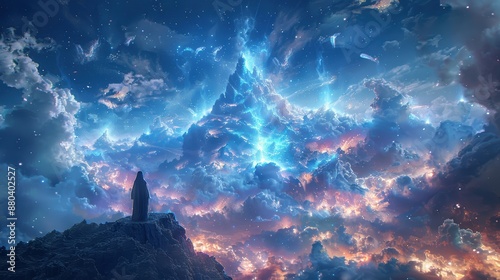 A mesmerizing fantasy landscape with a glowing mystical tower against a backdrop of vibrant clouds and a magical sky. photo