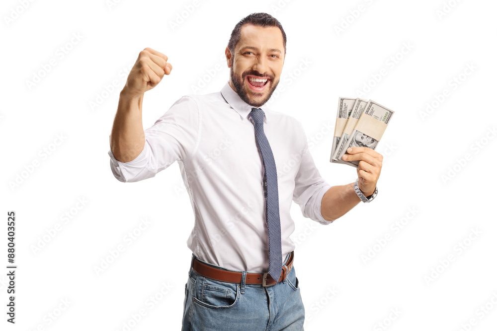 Happy professional man holding money and gesturing win Happy professional man holding money and gesturing win