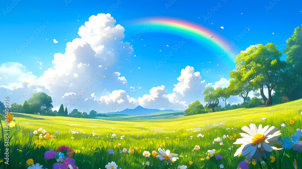 beautiful rainbow on sky blue with green field and tree style anime beautiful rainbow on sky blue with green field and tree style anime