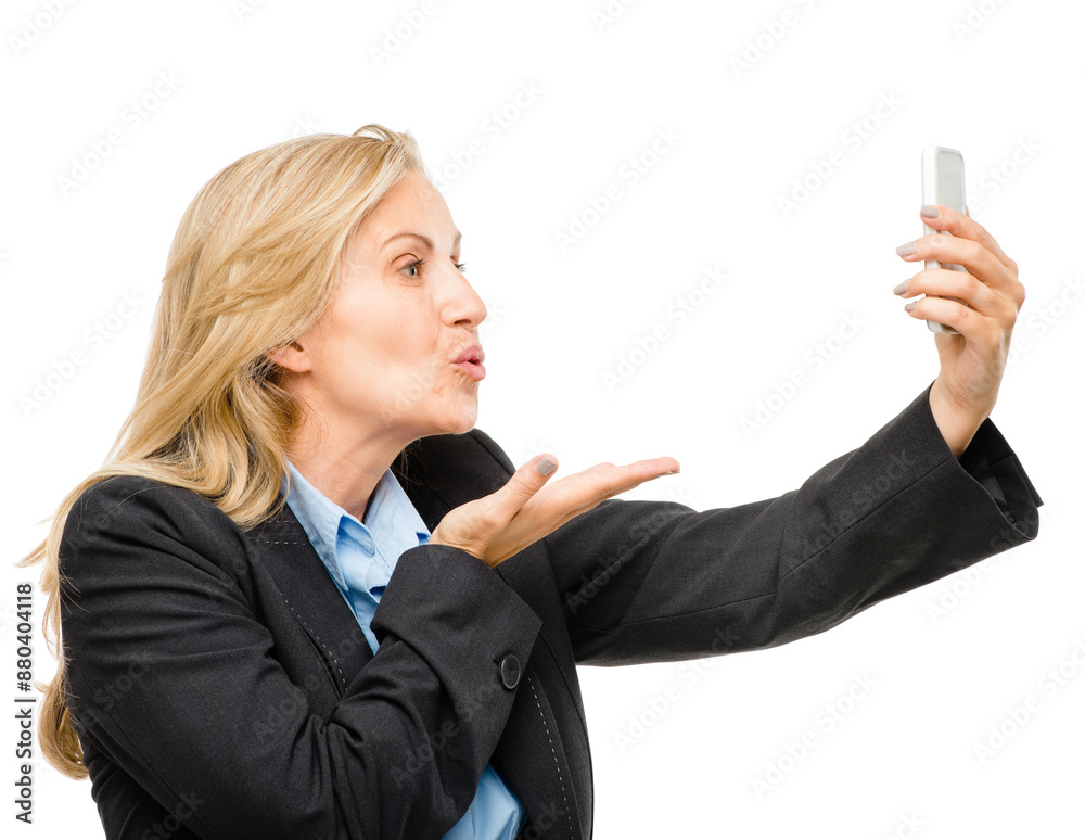 Business woman, video call and kiss in studio with kindness, love and contact by white background. Person, smartphone and happy with pouting lips for care, emoji and icon with mobile app on network Business woman, video call and kiss in studio with kindness, love and contact by white background. Person, smartphone and happy with pouting lips for care, emoji and icon with mobile app on network