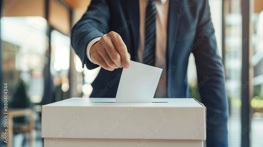 A person in a suit is placing a ballot paper into a voting box. The scene is set in a modern, brightly lit environment, emphasizing the act of voting and democratic participation. A person in a suit is placing a ballot paper into a voting box. The scene is set in a modern, brightly lit environment, emphasizing the act of voting and democratic participation.