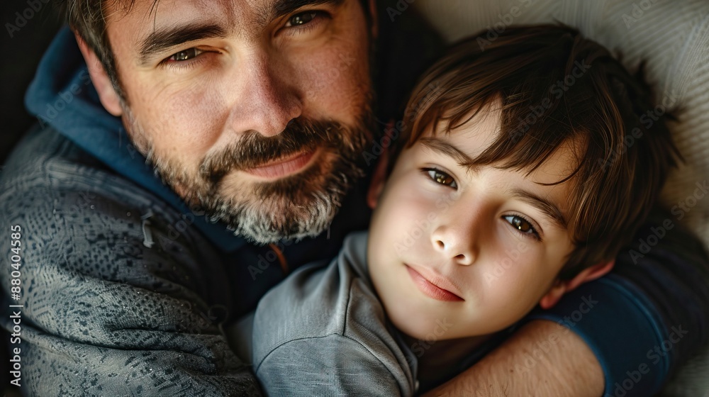 A close-up of a man with a beard hugging his young son. Both have gentle expressions, conveying a strong sense of care and warmth. The intimate moment is captured in a cozy, indoor setting. A close-up of a man with a beard hugging his young son. Both have gentle expressions, conveying a strong sense of care and warmth. The intimate moment is captured in a cozy, indoor setting.