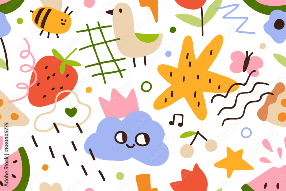 Cute doodle pattern, seamless print. Endless background design with funny childish scribble drawings, creative kids elements. Childrens texture for textile and wrapping. Flat vector illustration