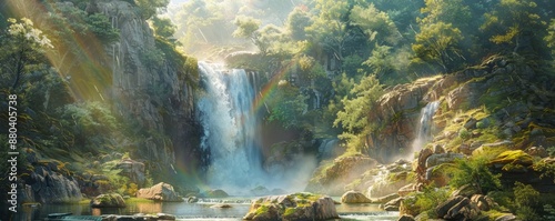 A photorealistic depiction of a majestic waterfall cascading down a rocky cliff, its mist creating a rainbow in the sunlight, surrounded by lush greenery.