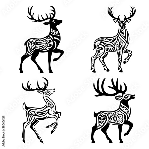 Carved silhouette of a beautiful noble deer on a white background. Vector set in the style of tribal monochrome minimalistic Polynesian tattoo