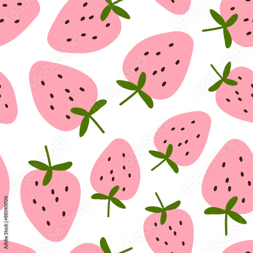Strawberry pattern. Seamless background design with fresh berries. Summer natural food, endless texture, repeating print for fabric, textile, wallpaper and wrapping. Printable flat vector illustration