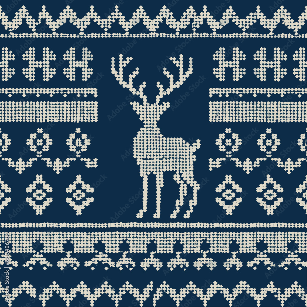 White Reindeer Christmas Sweater Knit Pattern on Blue Background White Reindeer Christmas Sweater Knit Pattern on Blue Background