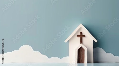 Minimalist white church with wooden cross and pastel background, surrounded by paper clouds in serene setting.