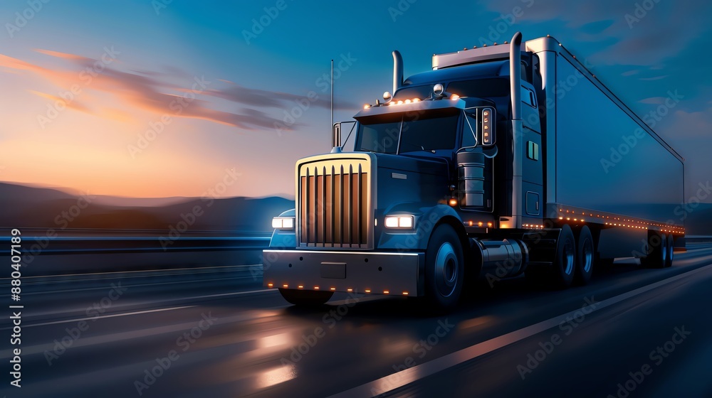Semi-truck on bridge, autonomous driving, blue tech lines, flat design illustration Semi-truck on bridge, autonomous driving, blue tech lines, flat design illustration