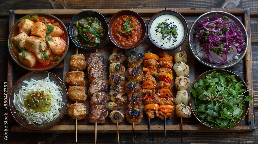 Assorted Skewers and Side Dishes on Wooden Platter - Generative AI Assorted Skewers and Side Dishes on Wooden Platter - Generative AI