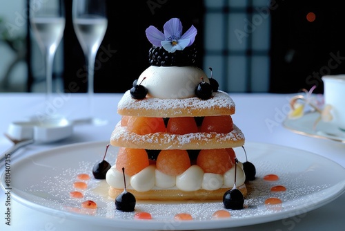 Artistic arrangement of fruit and cream dessert on a white plate photo