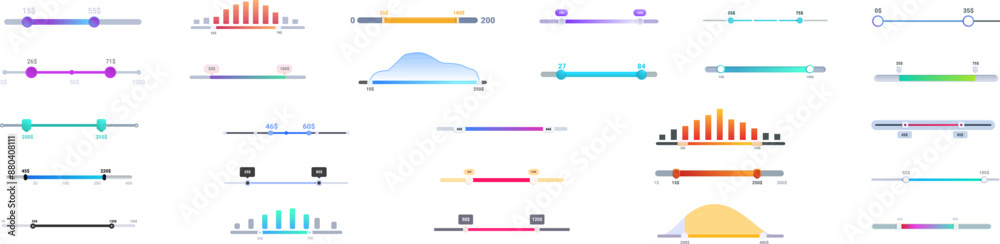 Price range icons set. Collection of colorful loading bars showing progress on white background Price range icons set. Collection of colorful loading bars showing progress on white background