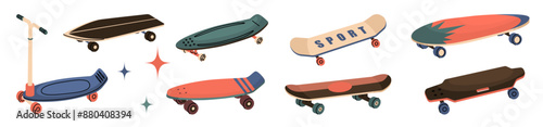 Set of 8 skateboards of different shapes and styles. Sports equipment for extreme recreation. Board for speed skating and ramp jumping. Vector illustration isolated on transparent background.