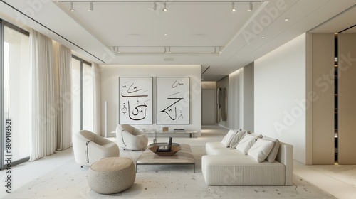 Modern Living Room Interior with Arabic Calligraphy