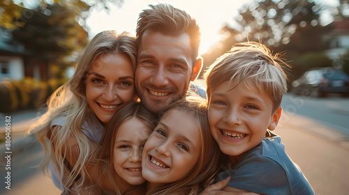 Happy smiling parents with kids on in a street