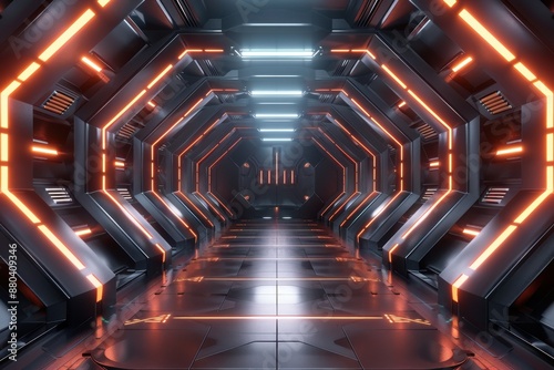 Fototapeta Naklejka Na Ścianę i Meble -  Futuristic Sci-Fi Corridor with Neon Lights. A 3D Rendered Background for Technology, Gaming, and Cyberpunk Themes