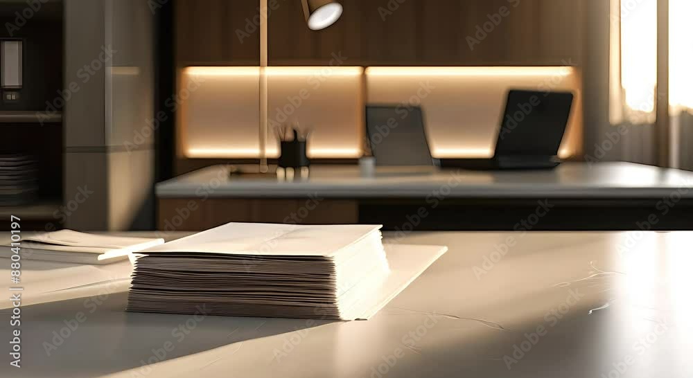 Sleek modern desk with neatly arranged papers and warm desk lamp light in minimalist office
Sleek modern desk with neatly arranged papers and warm desk lamp light in minimalist office