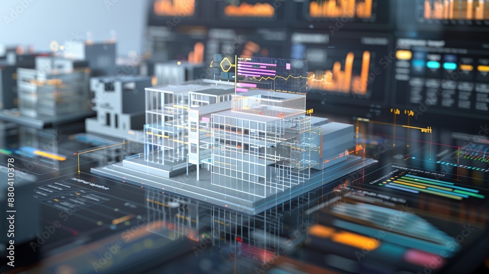 Futuristic transparent building model with data analysis interface Futuristic transparent building model with data analysis interface