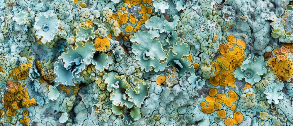 Panoramic close-up, high detail scan of lichen texture, Generative AI Panoramic close-up, high detail scan of lichen texture, Generative AI