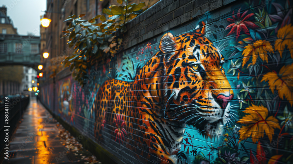 Obraz premium vibrant mural of leopard in urban setting, detailed graffiti art blending nature and city elements, colorful and expressive street scene