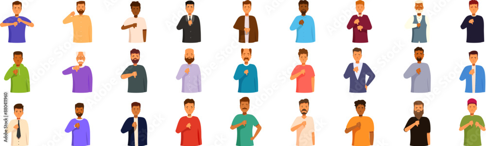 Man show dislike icons set. Diverse group of men expressing disapproval, dislike, or negativity with a universal thumbs down hand gesture Man show dislike icons set. Diverse group of men expressing disapproval, dislike, or negativity with a universal thumbs down hand gesture