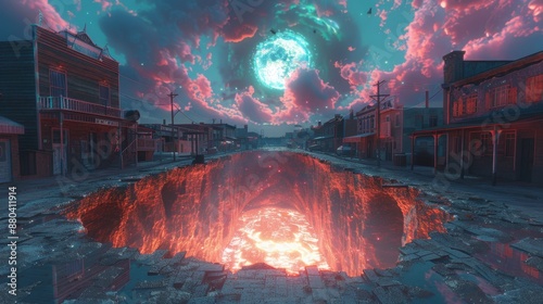 Mysterious Fiery Abyss in an Abandoned Town - Generative AI photo