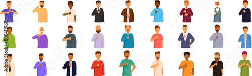 Man show dislike icons set. Diverse group of men expressing disapproval, dislike, or negativity with a universal thumbs down hand gesture