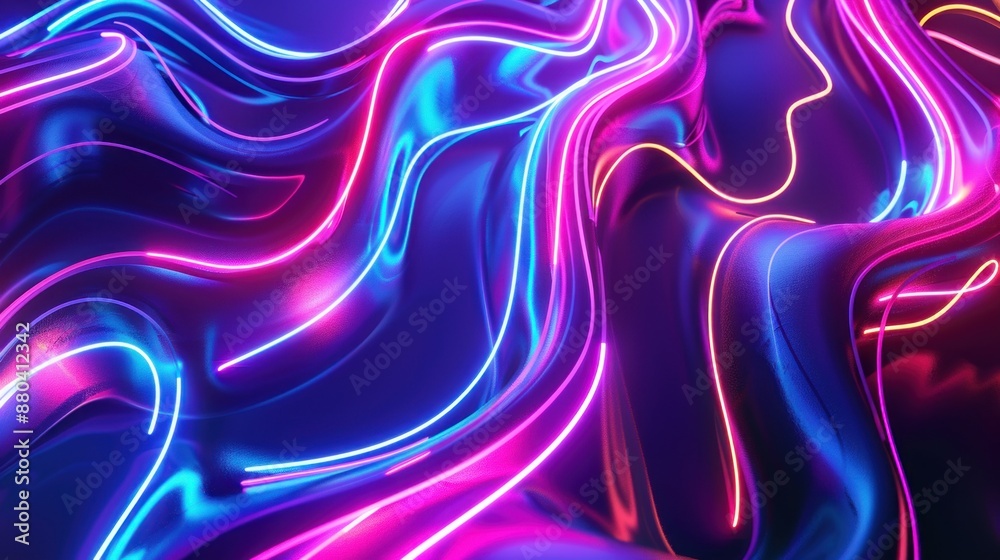 Fototapeta premium Electric Neon Glowing Flowing Lines Over Dark Purple Background