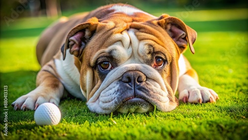 A lazy bulldog sprawls on vibrant green, gazing at a golf ball with a disinterested, unimpressed facial expression, conveying boredom. photo